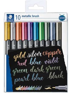 Staedtler Pack de 10 Feutres Permanentes - Pointe Pincel - Trait 1-6mm Aprox - Capuchon Avec Clip - Couleurs Metalicos Assortis