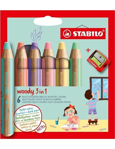 Stabilo Woody 3 en 1 Pack de 6 Lapices de Couleurs Pastel + Sacapuntas - Crayon de Couleur, Cera et Acuarela, Todo en Un - Mina 