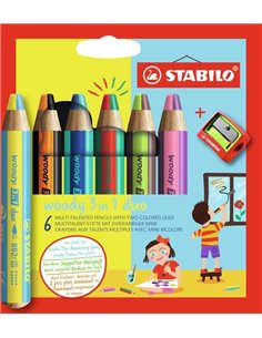 Stabilo Woody 3 en 1 Duo Pack de 6 Lapices de Couleurs + Sacapuntas - Mina 2 Couleurs XXL 10mm - Crayon de Couleur, Cera Acuarel