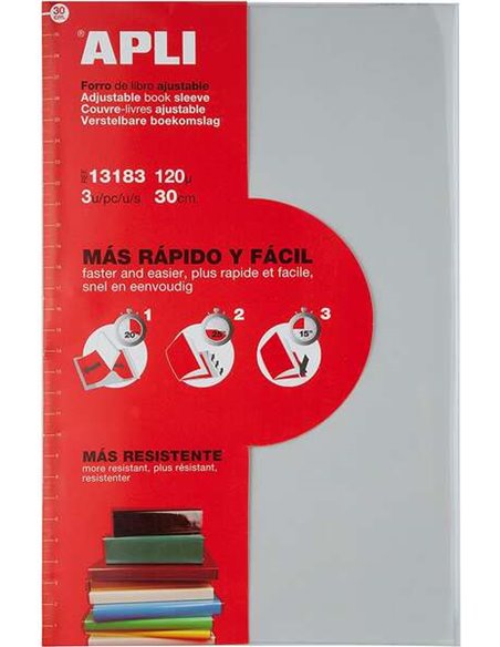 Apli Pack de 3 Forros de Libros Avec Solapa Réglable 290 mm - PVC - Forra en 3 Pasos