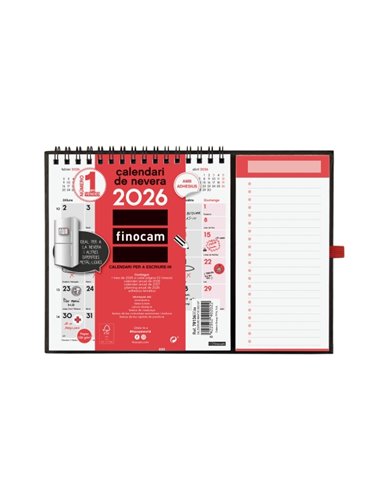 Finocam Calendario Imantado en Catalan - Annuel 2026 - 224x12x160mm - Espacio Pour Escribir - Couleur Blanc et Rouge