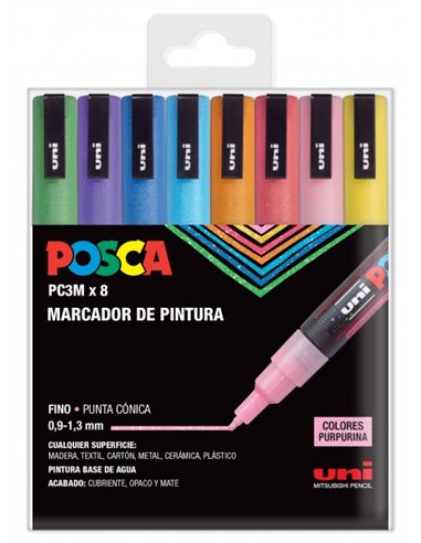 Posca PC3M Pack de 8 Marcadores de Pintura - Pointe Conica 0.9-1.3mm - Encre Base al Eau - Résistant à la Luz - Idéal Pour Carte