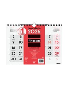 Finocam Calendario de Pared - Annuel 2026 - Format M - 300x5x220mm - Numeros Grandes - Couleur Blanc et Rouge