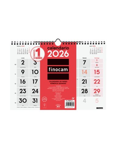 Finocam Calendario de Pared - Annuel 2026 - Format M - 300x5x220mm - Numeros Grandes - Couleur Blanc et Rouge