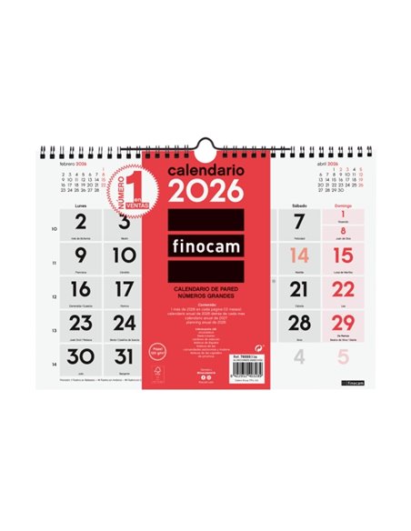 Finocam Calendario de Pared - Annuel 2026 - Format M - 300x5x220mm - Numeros Grandes - Couleur Blanc et Rouge