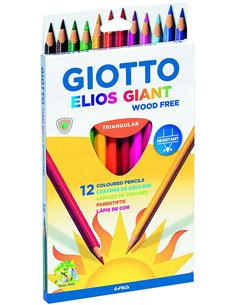 Giotto Elios Giant Wood Free Pack de 12 Lapices Triangulares de Couleurs - Sans Bois - Mina 5 mm - Couleurs assorties