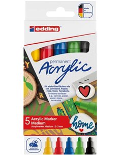 Edding 5100 Acrylic Pack de 5 Feutres Permanentes Acrilicos - Pointe Ronde 2-3mm - Trait Medio - Résistant à la Luz - Séchage ra