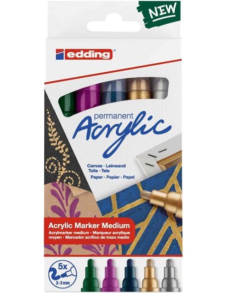 Edding 5100 Acrylic Pack de 5 Feutres Permanentes Acrilicos Metalizados - Pointe Ronde 2-3mm - Trait Medio - Résistant à la Luz 