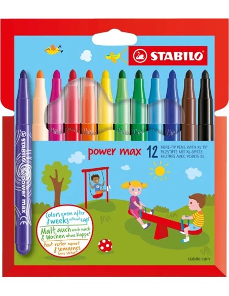 Stabilo Power Max Pack de 12 Feutres de Pointe Gruesa - Trait 3mm - Encre Lavable - No se Seca - Couleurs assorties