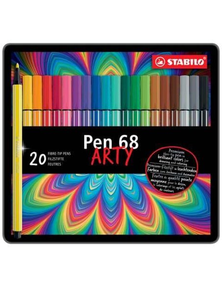 Stabilo Pen 68 Arty Boîte Metalica de 20 Feutres - Pointe de Fibre - Trait de 1mm aprox. - Encre à Base de Eau - Capuchon Ventil