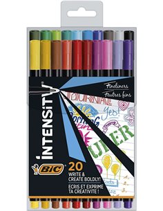 Bic Intensity Fine Pack de 20 Feutres - Pointe Fina de 0.8mm - Trait de 0.4mm - Encre Avec Base de Eau - Couleurs assorties