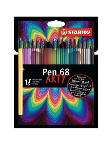 Stabilo Pen 68 Arty Pack de 18 Feutres - Pointe de Fibre - Trait de 1mm aprox. - Encre à Base de Eau - Capuchon Ventilado - Coul