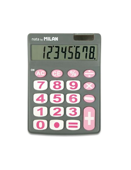 Milan Nata Calculadora de Sobremesa 8 Digitos - Teclas Grandes - Apagado Automatico - Couleur Gris et Rose