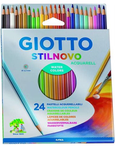 Giotto Stilnovo Acquarell Pack de 24 Lapices de Couleurs Acuarelables Hexagonales - Mina 3.3 mm - Bois - Couleurs assorties