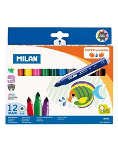 Milan Pack de 12 Feutres Super Lavables Maxi - Pointe Conica 7.5mm - Encre al Eau - Lavable - Couleurs assorties