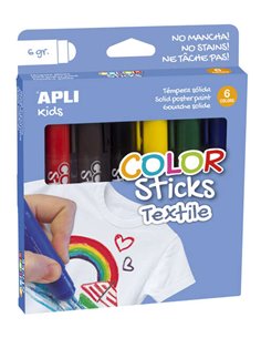 Apli Couleur Sticks Textil Pack de 6 Temperas Solidas 6gr Pour Usage en Textil - Séchage al Aire en 12 Horas - Sans Disolventes 