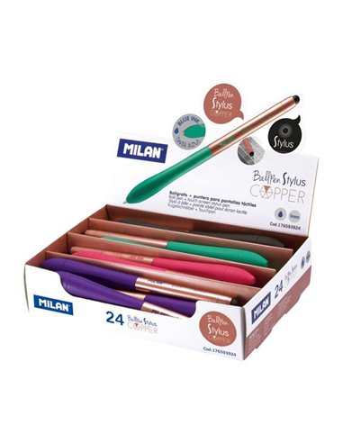 Milan Stylus Copper Présentoir de 24 Boligrafos de Bola Retractiles - Pointe 1mm - Puntero Pour Écran Tactil - Corps de Couleurs