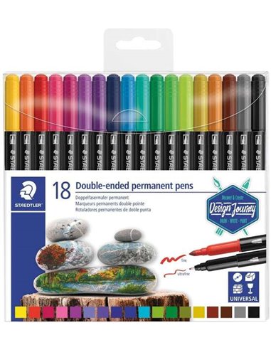Staedtler 3187 Pack de 18 Feutres Permanentes de Double Pointe - Résistant à l'eau - Séchage rapide - Couleurs assorties