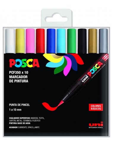 Posca PCF-350/10C Étui de 10 Marcadores de Pintura Base al Eau - Pointe Acrilica Estilo Pincel - No Permanent - Résistant à la L