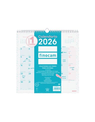 Finocam Chic Calendario de Pared - Annuel 2026 - 300x5x310mm - Espacio Pour Escribir - Couleur Turquoise