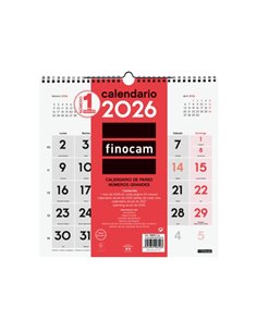 Finocam Calendario de Pared - Annuel 2026 - 300x5x310mm - Numeros Grandes - Couleur Blanc et Rouge
