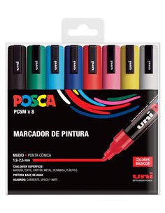 Posca PC-5M/8C Étui de 8 Marcadores de Pintura - Pointe de Polyester 1.8-2.5mm - Encre Base al Eau - Résistant à la Luz - No Per
