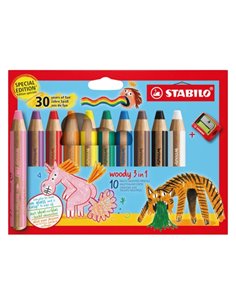 Stabilo Woody 3 en 1 30º Aniversario Unicornio et Tigre Pack de 10 Lapices de Couleurs + Sacapuntas - Crayon de Couleur, Cera et