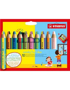 Stabilo Woody 3 en 1 Duo Pack de 10 Lapices de Couleurs + Sacapuntas - Mina 2 Couleurs XXL 10mm - Crayon de Couleur, Cera Acuare