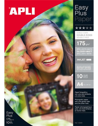 Apli Pack de 10 Feuilles Papier Fotografico Photobright Double face A4 175g - Brillante en una Face et Mate en la otra - Indicad