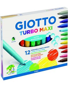 Giotto Turbo Maxi Pack de 12 Feutres - Pointe Gruesa 5mm - Encre al Eau - Lavable - Couleurs assorties