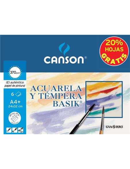 Canson Minipack de 6 Feuilles Acuarela Basik 24x32 370g - 20% Feuilles Gratis - Couleur Blanc