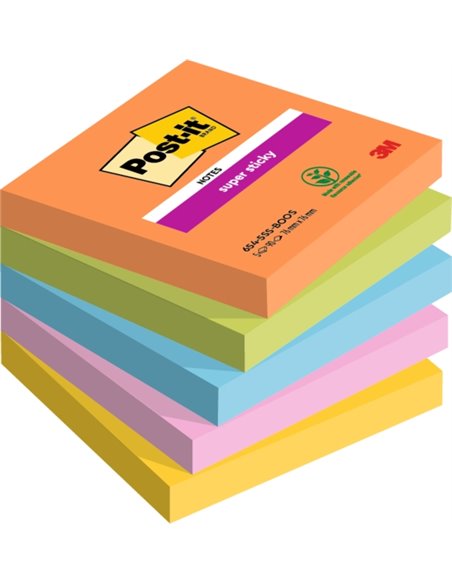 Post-It Super Sticky Pack de 5 Blocs de 90 Notas Adhesivas Reposicionables - Forma Cuadrada - 76x76mm - Couleurs assorties