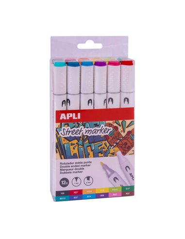Apli Street Marker Feutres de Double Pointe - Pointe Ronde de 1mm et Biselada de 6mm - Encre de Base Alcohol - 12 Couleurs assor