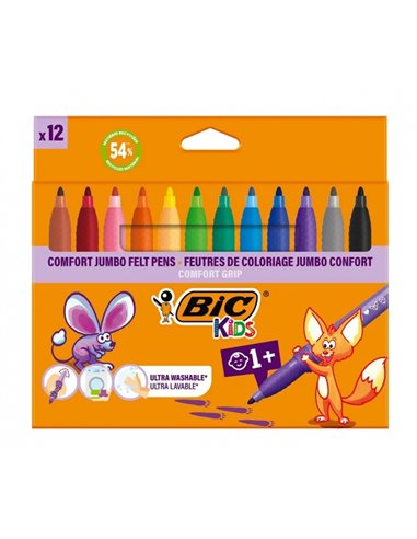 BIC Kids Comfort Jumbo Pack de 12 Feutres Avec Encre Lavable - Facile à nettoyer - Agarre Antidérapant - Couleurs assorties