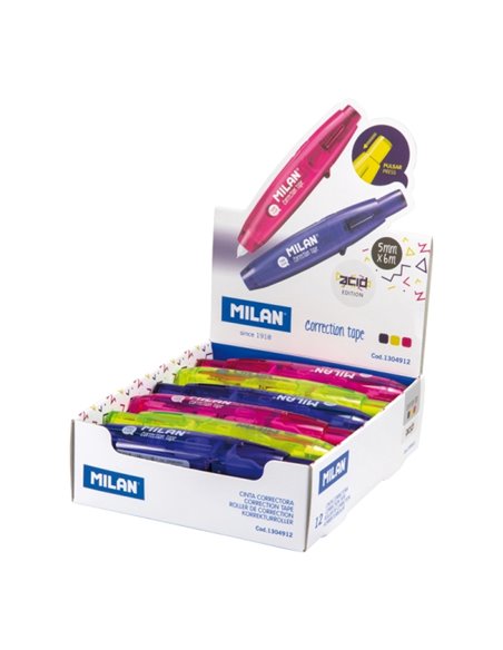 Milan Acid Présentoir Avec 12 Cintas Correctoras Avec Pulsador 5mm x 6m - Couleurs assorties