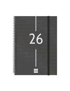 Finocam Year Agenda de Spirale - Couvercle Légère - Format E10 - 162x14x212mm - Semaine sur 2 pages en Vertical - Couleur Noir