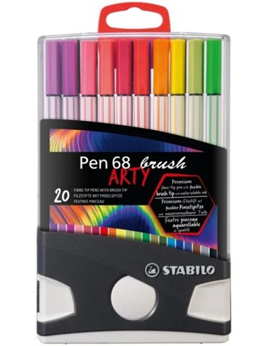 Stabilo Pen 68 Brush Arty Boîte de Plastico Rigida Avec 30 Feutres - Pointe de Pincel - Encre à Base de Eau - Couleurs assorties