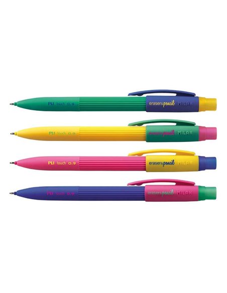 Milan PL1 Présentoir de 20 Portaminas - Mina 0.9mm 2B Grafito - Goma Milan Extra Larga - Couleurs assorties