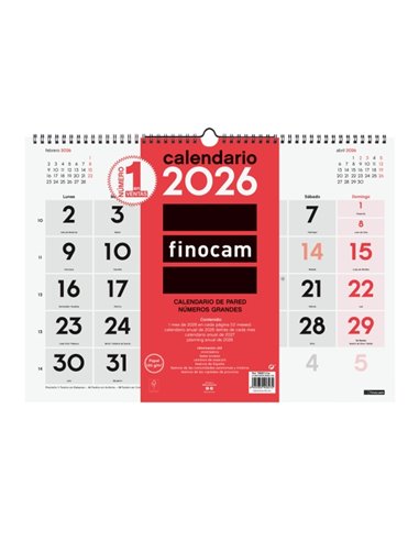 Finocam Calendario de Pared - Annuel 2026 - 430x5x320mm - Numeros Grandes - Couleur Blanc et Rouge