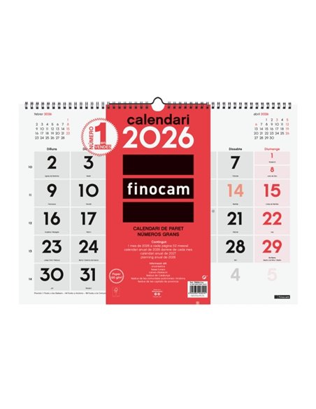Finocam Calendario de Pared en Catalan - Annuel 2026 - 430x5x320mm - Numeros Grandes - Couleur Blanc et Rouge