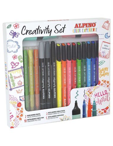 Alpino Couleur Experience Kit Creativo de 10 Fineliners - 5 Feutres Glitter Markers - 3 Feutres Especiales Pour Caligrafia - 2 M