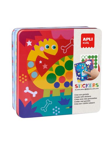 Apli Kids Juego de Gomets Dino - Comprend 8 Laminas Ilustradas - 8 Feuilles de Gomets Removibles - Boîte Metalica Exclusiva