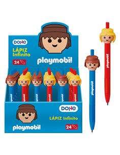 Dohe Playmobil Présentoir de 24 Lapices Infinitos - Grip de Caucho - Se Borra Facilmente - Decorados Avec Motivos de les Muñecos