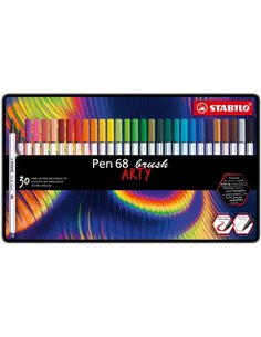 Stabilo Pen 68 Brush Arty Boîte Metalica de 30 Feutres - Pointe de Pincel - Encre à Base de Eau - Couleurs assorties