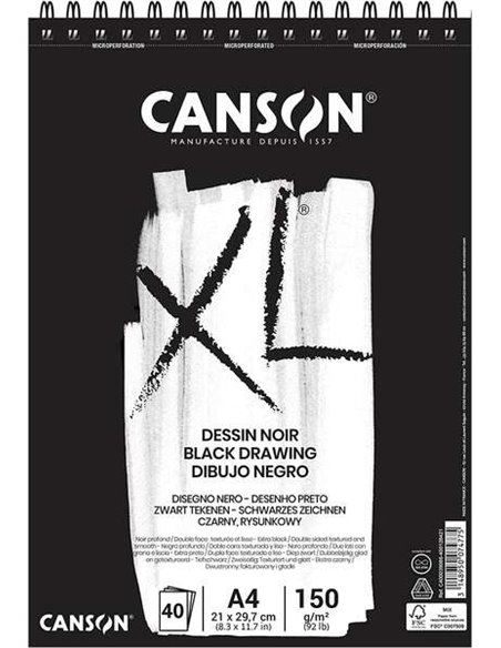 Canson XL Black Bloc de 40 Feuilles A4 150g - Grano Fino - Spirale Microperforado - Couleur Noir