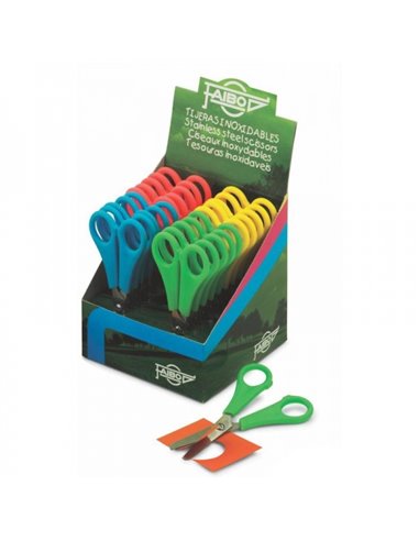 Faibo Présentoir de 20 Ciseaux Escolares 13cm - Pointe Ronde - Acier Inoxydable - Couleurs assorties