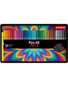 Stabilo Pen 68 Arty Boîte Metalica de 30 Feutres - Pointe de Fibre - Trait de 1mm aprox. - Encre à Base de Eau - Capuchon Ventil