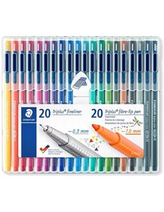 Staedtler Triplus Pack de 20 Feutres de Pointe Fina 0.3mm + 20 Feutres de Pointe Fibre 1mm - Capuchon Avec Clip - Couleurs assor