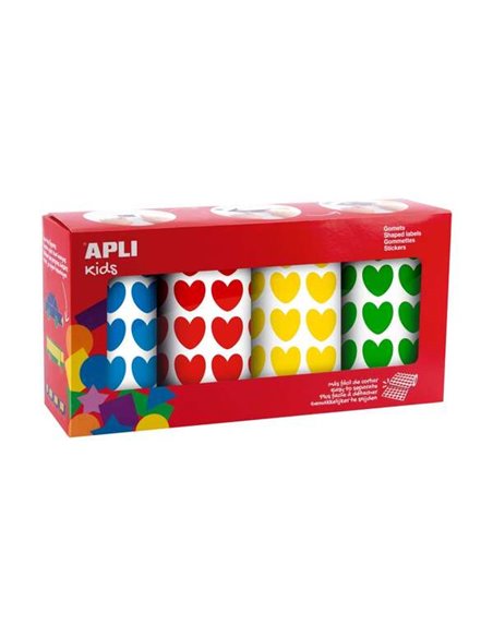 Apli Pack de 4 Rollos de Gomets Corazon - 1770 Gomets Par Rollo - Adhésif permanent - 7080 Gomets en Total - Ideales Pour Escuel