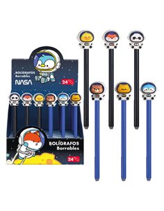 Dohe Présentoir de 24 Boligrafos Borrables - Pointe Bola Metalica 1mm - Trait 0.5mm - Capuchon Decorado Avec Astronautas-Animale